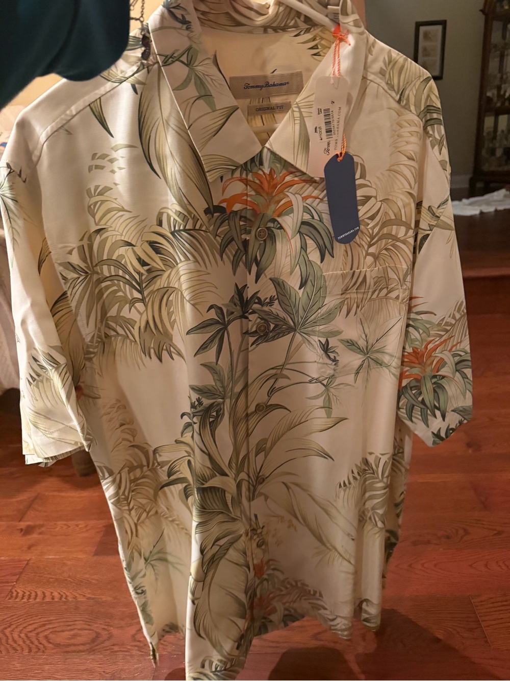 Tommy Bahama Cream Tropical-Print Camp Shirt with Green & Orange Accents